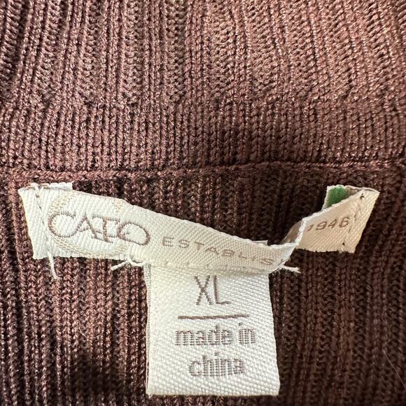 Cato Brown Ribbed Mock Neck Embellished Flower Blouse Women's XL Puff Sleeve - Picture 4 of 9